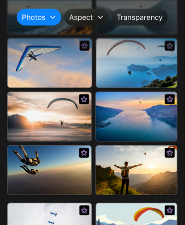 Screen with eight images of paragliders mid-air, buttons on top for Photos, Aspect and Transparency