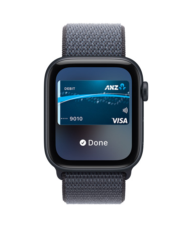Apple Watch SE 3, aluminium case, midnight colour, Apple Pay in Apple Wallet, right side exterior, Digital Crown, band, Sport Loop, anchor blue colour