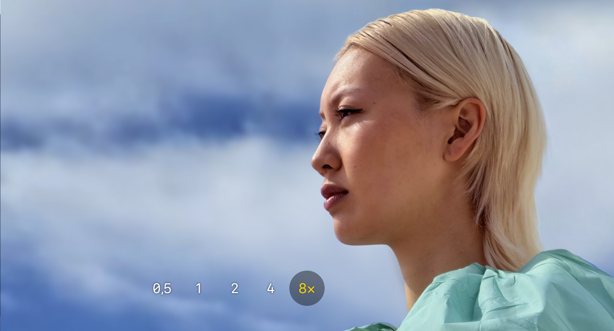 App Câmera do iPhone 17 Pro, zoom óptico de 0,5x, 1x, 2x, 4x e 8x, com 8x selecionado