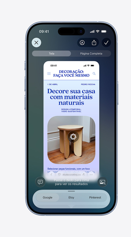 A tela do iPhone mostra a inteligência visual sendo usada para decorar um ambiente
