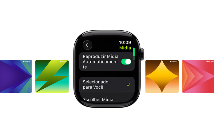Apple Watch com caixa preta brilhante no centro, sem pulseira, com as opções Selecionado para Você e Escolher Mídia na tela, com papéis de parede personalizados do Apple Music no fundo