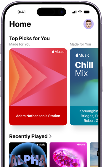 Apple Music Home tab screen on iPhone, Top Picks for You carousel showing Jenny Court's personalized stations and playlists