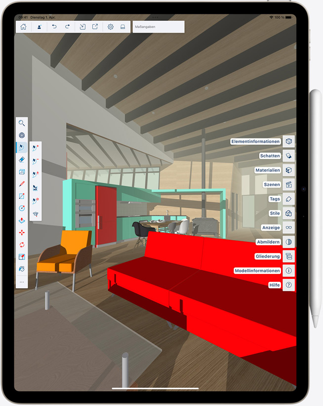 Ein iPad Air im Querformat mit einem Apple Pencil, der am Gerät haftet, auf dem Display wird ein Bild mit vielen Farben gezeigt