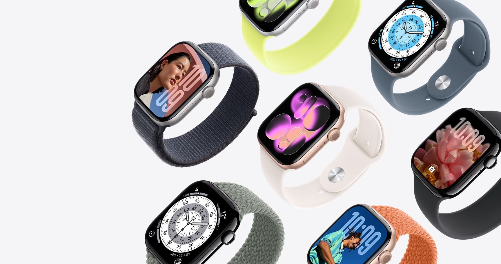 Apple Watch Series 11 devices, aluminum cases, available colors: space gray, silver, jet black slate, natural, gold