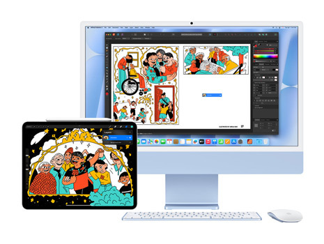 Un’illustrazione accattivante e divertente sul monitor di un iPad e un iMac. Sull’iMac, l’illustrazione è all’interno di un’applicazione creativa.