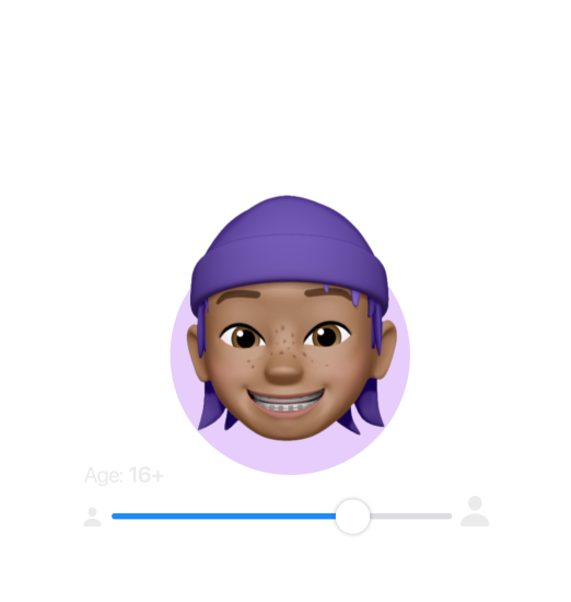 Memoji of nine-year-old boy. A slider allows selection of age range for content access. The age range displayed on the slider is 9 to11.The slider moves up to demonstrate that a user can choose an appropriate range for their child. As the age changes on the slider to 15-16 years old, the Memoji of the boy grows into an adolescent.