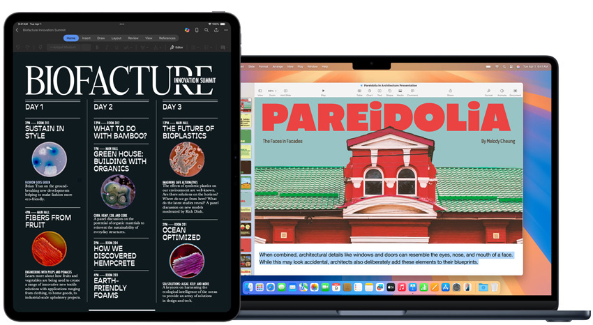 Auf einem iPad und einem MacBook werden Schulprojekte gezeigt.