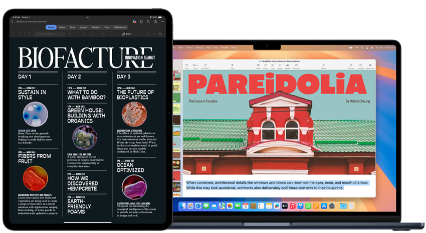Un iPad y un MacBook muestran proyectos de clase.