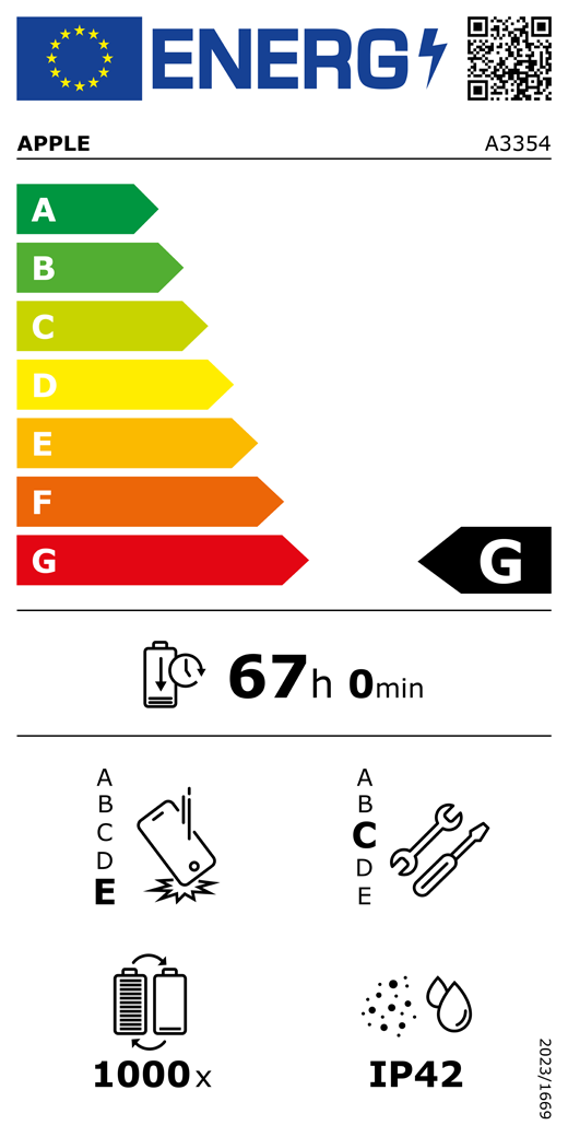 EU Energy Label QR code and information, Apple model A3354, class G, energy efficiency classes (with a scale from A to G), A (most efficient) to G (least efficient), battery endurance per cycle, 67 hours and 0 minutes per full battery charge, repeated free fall reliability class E, A (most robust) to E (least robust), repairability class C, A (most repairable) to E (least repairable), 1000 battery endurance in cycles, dust and water ingress protection (IP) rating IP42, regulation 2023/1669