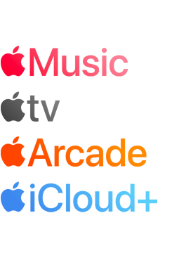 Logotyper för Apples abonnemangstjänster som Apple Music, Apple TV+, Apple Arcade, iCloud+