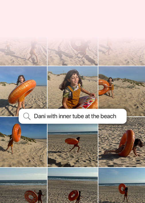 Démonstration de fonctionnalité : recherche de photos en langage naturel. Photos d’un chien, sur lesquelles apparaissent les termes de recherche suivants : « Bandit dans ses tenues »