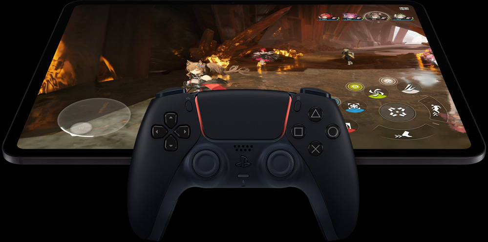 Wireless PlayStation controller atop iPad Pro, front exterior, landscape orientation, space black color, display showing a video game screen of a futuristic robot mech with a glowing pink laser sword