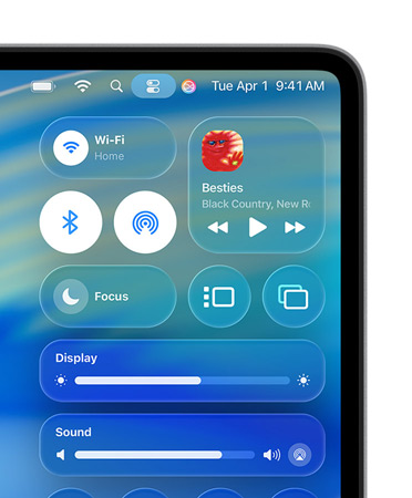 Rechte Seite des Mac Bildschirms mit benutzerdefinierten Steuerelementen für Liquid Glass, wie WLAN und Bluetooth, im Kontrollzentrum