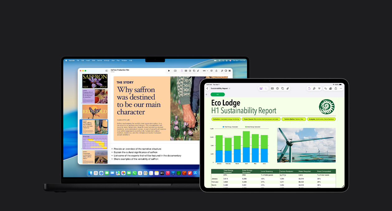 iPad Pro 13 screen, slide of a report featuring a chart, table, graphics, MacBook Pro 16 screen showing Keynote presentation with multiple slides to the left and generated presenter notes at the bottom