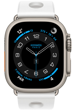 Apple Watch Hermès Ultra 3, titanium case, natural color, Hermès Circulaire watch face, complications: weather, activity rings, Paris time, UV index, Scub'H Diving band, blanc color