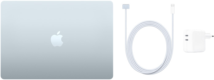 A 15 hüvelykes MacBook Air, az USB-C – Magsafe 3 kábel és a 35 wattos, kétportos USB‑C hálózati adapter