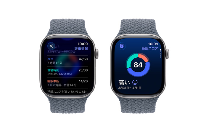 スペースグレイアルミニウムケースのApple Watch Series 11。睡眠スコアの通知が表示されている。右側面の外観にはDigital Crownがあり、アンカーブルーのブレイデッドソロループバンドが取りつけられている