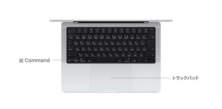 14インチMacBook Proを上から見た図。Commandキーボタンとトラックパッドの位置が線で図示されている