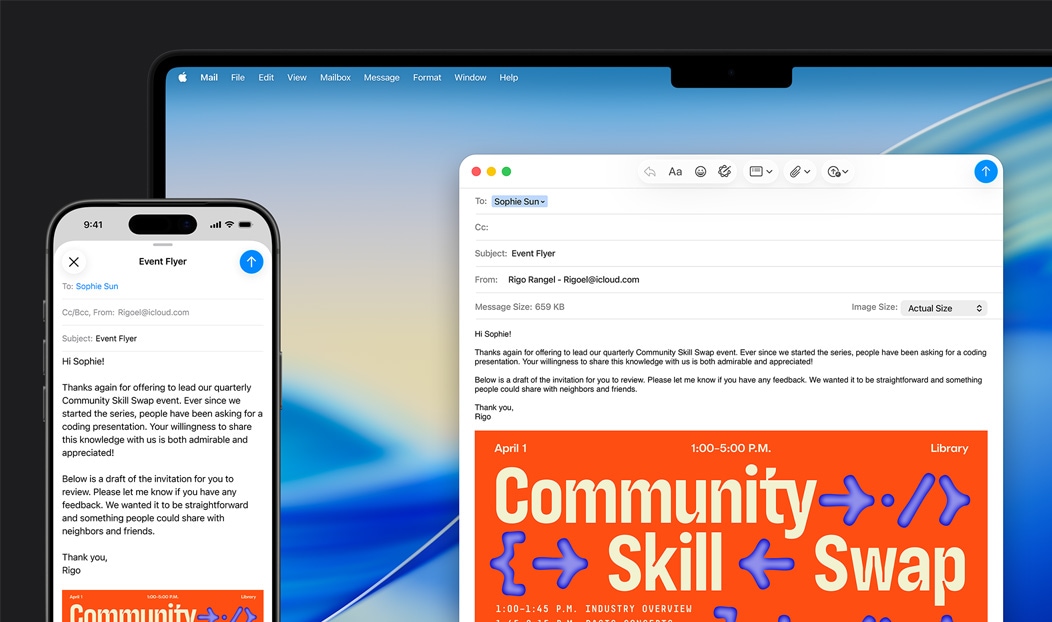 iPhone&nbsp;16&nbsp;Plus un MacBook&nbsp;Pro, atvērta Mail&nbsp;aplikācija, abos ekrānos tiek rādīts tas pats e-pasta&nbsp;melnraksts