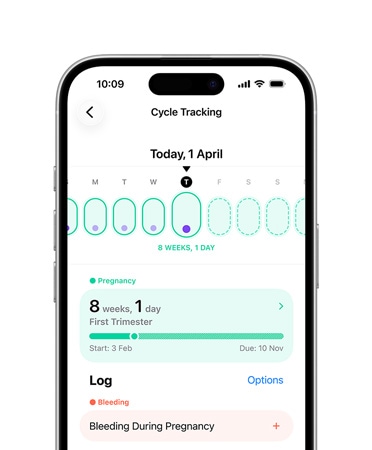 iPhone 16, front, UI reads Health, Cycle Tracking