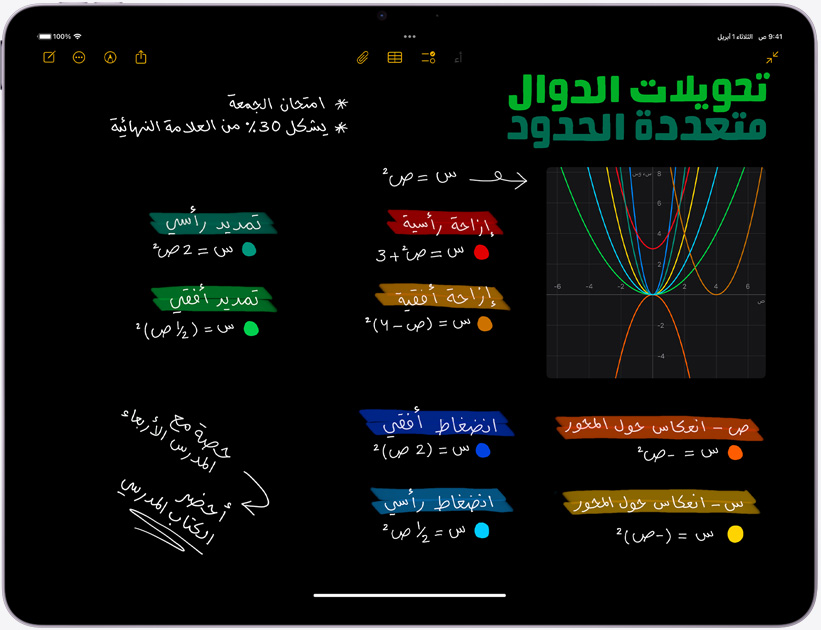 iPad Air في الوضع الأفقي وتعرض شاشته الملاحظات الحسابية‏