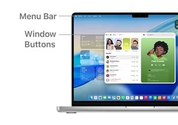 A tour of macOS navigation on MacBook Pro 14" with lines indicating the location of the Menu Bar and Window Buttons.