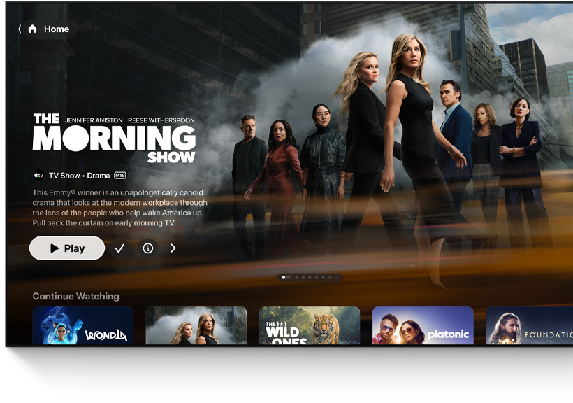 A flat-screen television showing the Apple TV app’s Home Screen UI