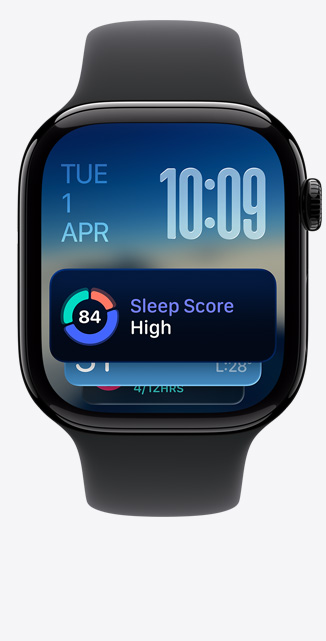 Apple Watch Series 11, aluminium case, polished jet black colour, Smart Stack, sleep score alert, right side, Digital Crown, black Sport Band