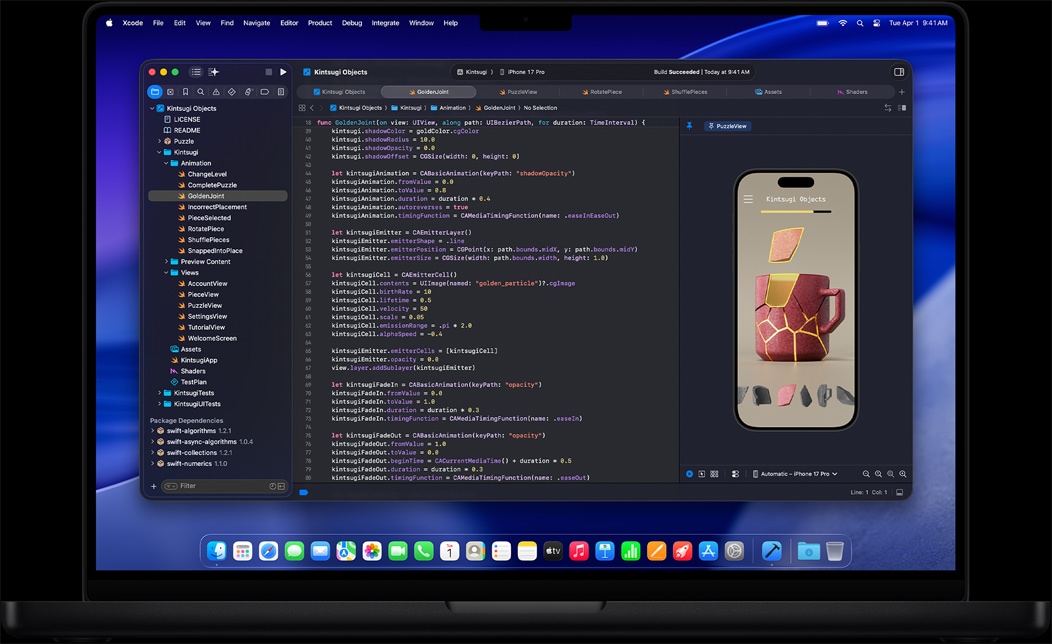 Obrazovka MacBooku Pro s programovaním apky v Xcode