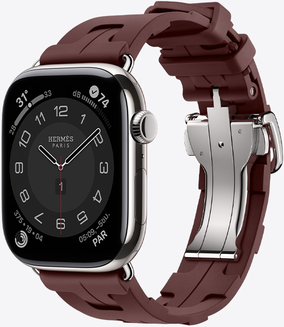 Apple Watch Hermès Series 11, ตัวเรือนไทเทเนียมเงิน, สายแบบ Kilim, สี Bordeaux, หัวล็อคโลหะสีเงินที่ปลดออกได้อย่างรวดเร็ว