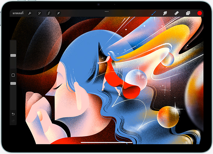 iPad Air, วางในแนวนอน, หน้าจอแสดงภาพวาดในแอป Procreate