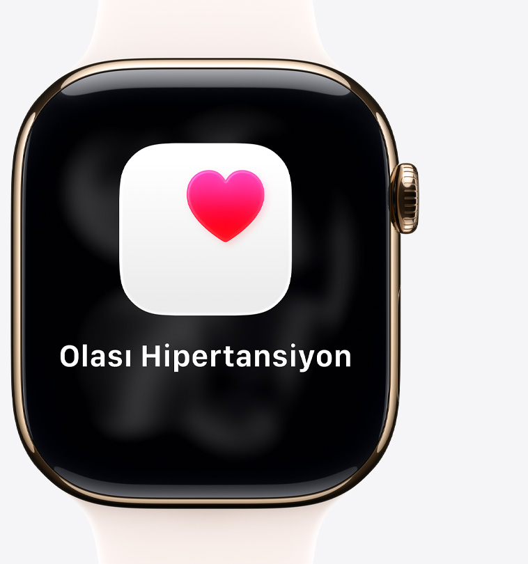 Apple Watch Series 11, titanyum kasa, parlak altın rengi, olası hipertansiyon bildirimi, beyaz kutucuk içinde pembe kalp, sağ dış görünüm, Digital Crown, bulut pembesi Spor Kordon