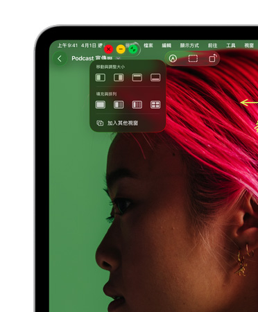 各種視窗控制項⽬：紅⾊按鈕可關閉視窗，黃⾊按鈕可將視窗縮到最⼩，綠⾊按鈕能縮放視窗，還有能隨意移動、調整大小和排列方式的更多視窗選項