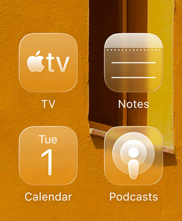 Close-up of the new tinted app icons, featuring the Apple TV app, Notes, Calendar and Podcasts