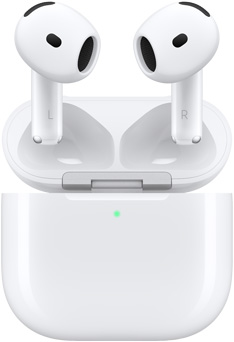 AirPods 4 vznášajúce sa nad nabíjacím puzdrom s otvoreným krytom.