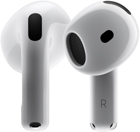 Dve slúchadlá AirPods 4, ktoré okolo seba krúžia a zastanú v rôznych uhloch.