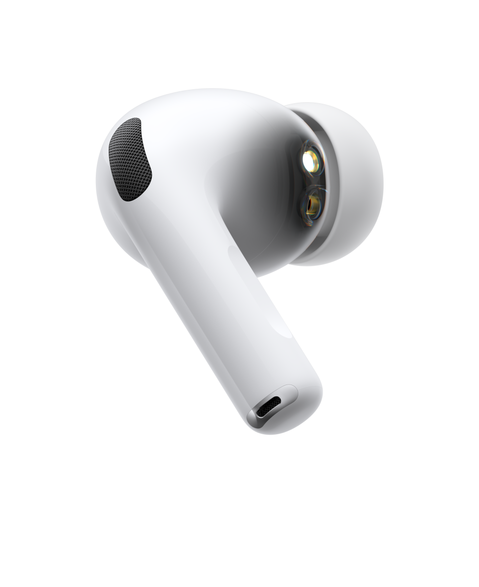 AirPods Pro 3, écouteur sans fil, coloris blanc, côté, tige courte tubulaire, micro à réduction de bruit, embout en silicone, onde vibrante