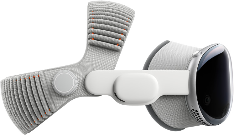 Apple Vision Pro 的側面，展示鋁合金外框，裝有遮光環、音訊帶和雙圈編織頭帶