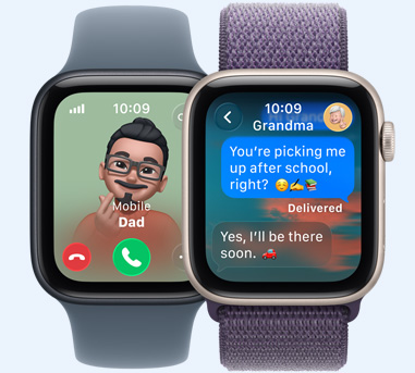 Två stycken Apple Watch. På den ena visas ett inkommande samtal från pappa. På den andra visas ett meddelande med texten Hej mormor! Vi vann matchen.