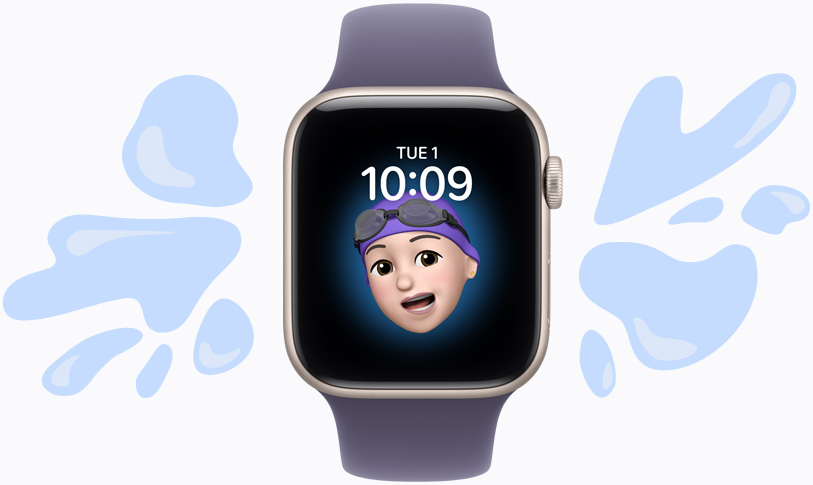 En Apple Watch omgiven av vattenstänk.