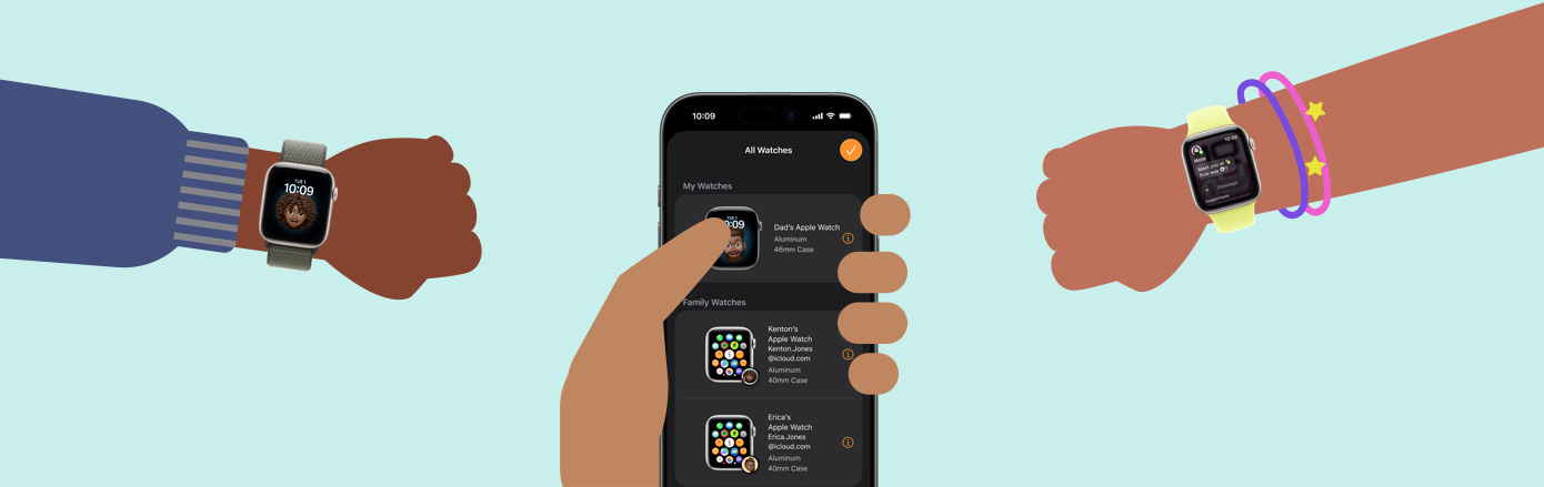 插圖描繪三個小朋友的腕上戴著 Apple Watch SE 3，而成人的手拿著 iPhone 17