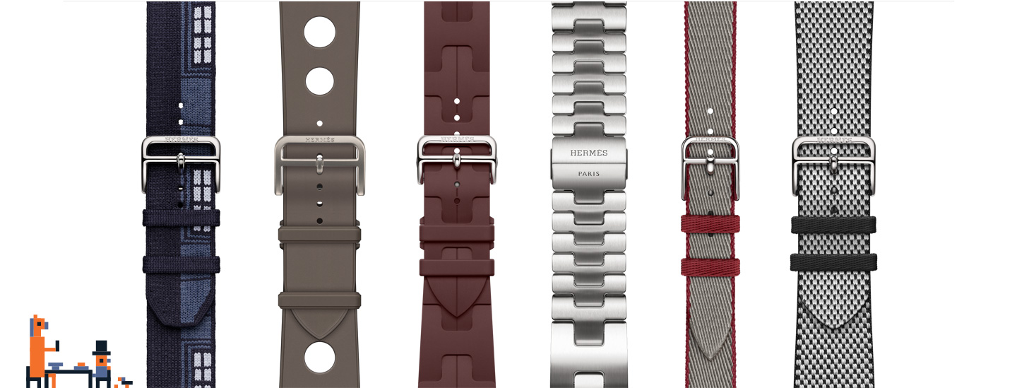 Pixel art of a person and horse siting at a table, Bracelets Hermès : Faubourg Party bleu nuit, Scub’H Diving gris titane, Simple Tour Kilim bordeaux, Grand H satiné, Simple Tour Twill Jump Attelage gris meyer/rouge grenat, Simple Tour Toile H noir/écru