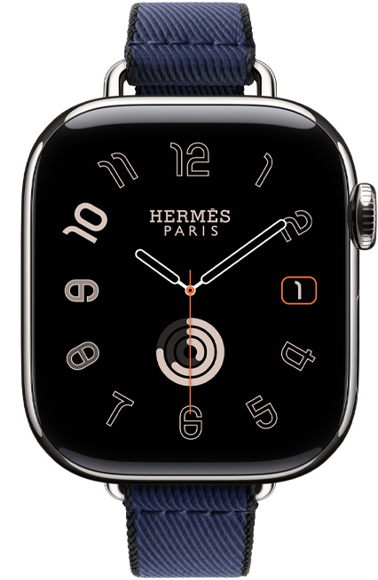 Apple Watch Hermès Series 11, boîtier en titane, argent, cadran Radial, bracelet Simple Tour Twill Jump Attelage, navy/noir