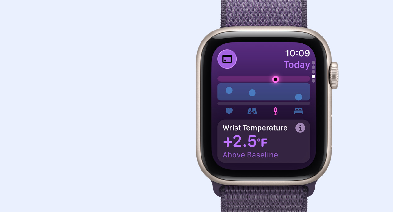 Apple Watch SE 3, aluminiumboett i färgen midnatt, handledstemperatur, höger utsida, Digital Crown, sportloop i ankarblått