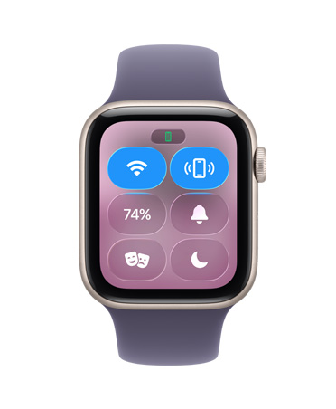 Apple Watch SE 3, aluminium case, starlight colour, Control Centre, ping iPhone icon, right side exterior, Digital Crown, Sport Band, purple fog colour