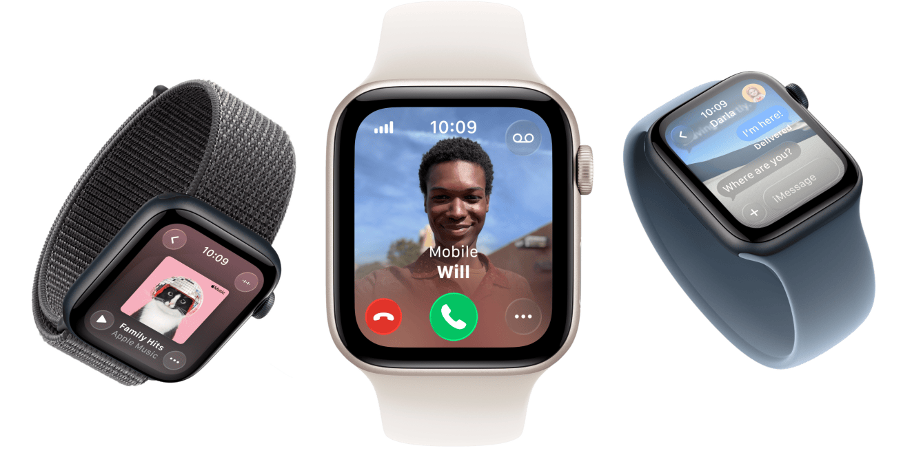 Apple Watch SE 3-enheter, aluminiumboetter i stjärnglans och midnatt, flätad sololoop i gurkmeja, sololoop i neongult, sportloop i mörkgrått, skärmarna visar Apple Pay, Kontrollcenter och Apple Music