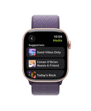 Apple Watch Series 11, rose gold color, aluminum case, Apple Music, music and podcast suggestions, right side exterior, Digital Crown, band, purple fog Sport Loop