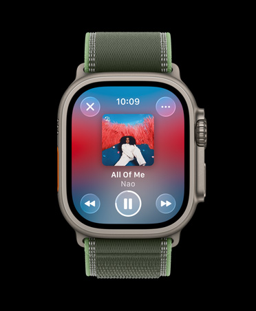 Apple Watch Ultra 3, Titangehäuse, Farbe Natur, Apple Music, Workout Playlist, Steuerelemente, vorheriger Titel, nächster Titel, pausieren, Trail Loop, Farbe Grün/Neon