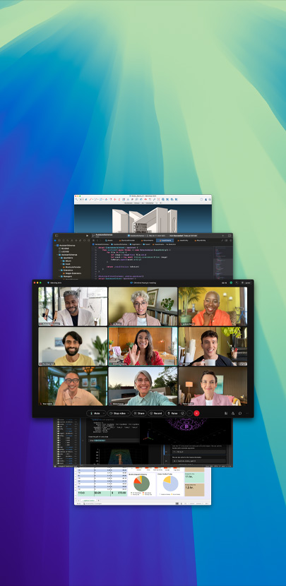 Diverse app aperte e disposte una sull’altra. L’app in primo piano è una chiamata Zoom con diversi partecipanti.