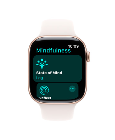 Apple Watch Series 11, caja de aluminio, color oro rosa, app Mindfulness abierta, lateral derecho: Digital Crown, correa deportiva en color rosa rubor